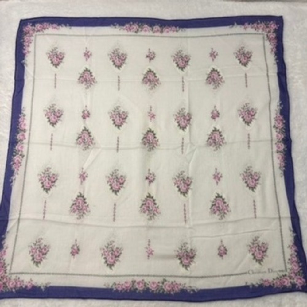 VTG CHRISTIAN DIOR Scarf Handkerchief Floral Rose White Pink Blue 18.5in
